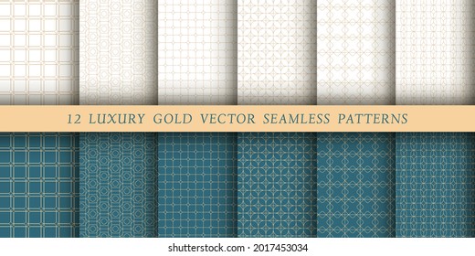 Set of 12 luxurious vector seamless patterns. Geometrical patterns on a white and emerald background. Modern illustrations for wallpapers, flyers, covers, banners, minimalistic ornaments
