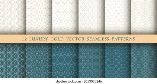 Set of 12 luxurious vector seamless patterns. Geometrical patterns on a white and emerald background. Modern illustrations for wallpapers, flyers, covers, banners, minimalistic ornaments, backgrounds.