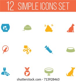 Set Of 12 Mammal Icons Set.Collection Of Neckband , Medallion, Scissor Elements.