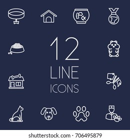 Set Of 12 Mammal Outline Icons Set.Collection Of Puppy, Kennel, Aquarium And Other Elements.