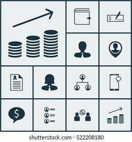 Set Of 12 Management Icons. Can Be Used For Web, Mobile, UI And Infographic Design. Includes Elements Such As Money, Resume, Coins And More.