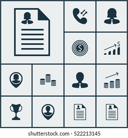 Set Of 12 Management Icons. Can Be Used For Web, Mobile, UI And Infographic Design. Includes Elements Such As Female, Cellular, Career And More.