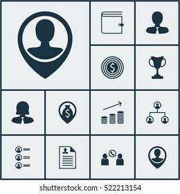 Set Of 12 Management Icons. Can Be Used For Web, Mobile, UI And Infographic Design. Includes Elements Such As Pin, Cash, Conference And More.