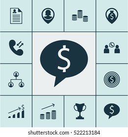 Set Of 12 Management Icons. Can Be Used For Web, Mobile, UI And Infographic Design. Includes Elements Such As Money, Structure, Stacked And More.