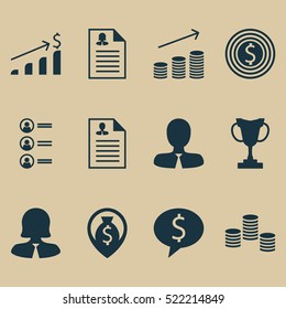 Set Of 12 Management Icons. Can Be Used For Web, Mobile, UI And Infographic Design. Includes Elements Such As Dollar, Coins, Cash And More.