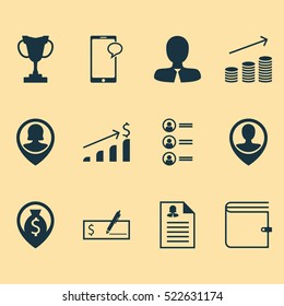 Set Of 12 Management Icons. Can Be Used For Web, Mobile, UI And Infographic Design. Includes Elements Such As Trophy, Pin, Dollar And More.
