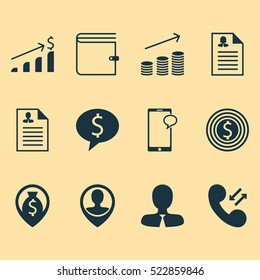 Set Of 12 Management Icons. Can Be Used For Web, Mobile, UI And Infographic Design. Includes Elements Such As Call, Cash, Coins And More.