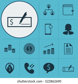 Set Of 12 Management Icons. Can Be Used For Web, Mobile, UI And Infographic Design. Includes Elements Such As Cash, Stacked, Dollar And More.
