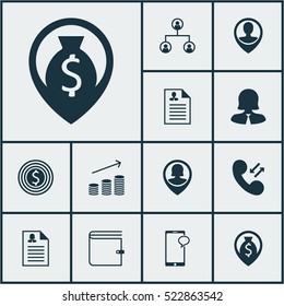 Set Of 12 Management Icons. Can Be Used For Web, Mobile, UI And Infographic Design. Includes Elements Such As Coins, Map, Purse And More.
