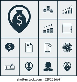 Set Of 12 Management Icons. Can Be Used For Web, Mobile, UI And Infographic Design. Includes Elements Such As Money Navigation, Employee Location, Curriculum Vitae And More.