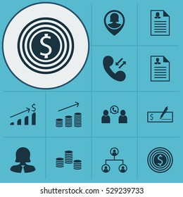 Set Of 12 Management Icons. Can Be Used For Web, Mobile, UI And Infographic Design. Includes Elements Such As Bank Payment, Coins Growth, Cellular Data And More.