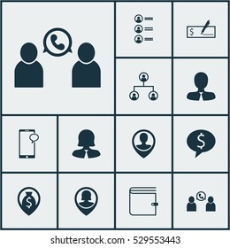 Set Of 12 Management Icons. Can Be Used For Web, Mobile, UI And Infographic Design. Includes Elements Such As Business Deal, Wallet, Phone Conference And More.