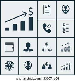 Set Of 12 Management Icons. Can Be Used For Web, Mobile, UI And Infographic Design. Includes Elements Such As Tree Structure, Curriculum Vitae, Wallet And More.