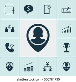 Set Of 12 Management Icons. Can Be Used For Web, Mobile, UI And Infographic Design. Includes Elements Such As Phone Conference, Successful Investment, Business Deal And More.