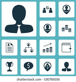 Set Of 12 Management Icons. Can Be Used For Web, Mobile, UI And Infographic Design. Includes Elements Such As Money, Employee Location, Business Deal And More.