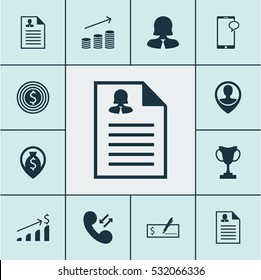 Set Of 12 Management Icons. Can Be Used For Web, Mobile, UI And Infographic Design. Includes Elements Such As Business Woman, Coins Growth, Employee Location And More.