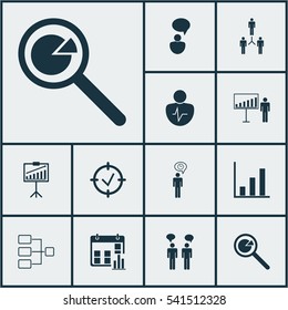 Set Of 12 Management Icons. Includes Personal Character, Report Demonstration, Approved Target And Other Symbols. Beautiful Design Elements.