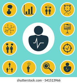 Set Of 12 Management Icons. Includes Approved Target, Project Analysis, Group Organization And Other Symbols. Beautiful Design Elements.