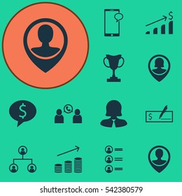Set Of 12 Management Icons. Includes Business Woman, Tree Structure, Successful Investment And Other Symbols. Beautiful Design Elements.