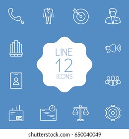 Set Of 12 Management Outline Icons Set.Collection Of Suit, Mail, Target And Other Elements.