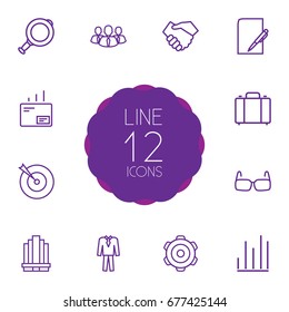 Set Of 12 Management Outline Icons Set.Collection Of Portfolio, Business Center, Suit And Other Elements.