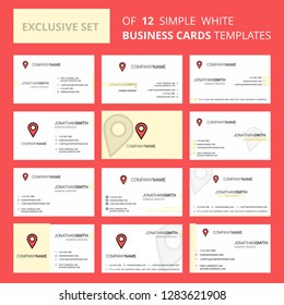Set of 12 Map pointer Creative Busienss Card Template. Editable Creative logo and Visiting card background