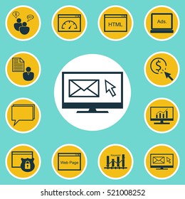 Set Of 12 Marketing Icons. Can Be Used For Web, Mobile, UI And Infographic Design. Includes Elements Such As Speed, Advertising, Performance And More.