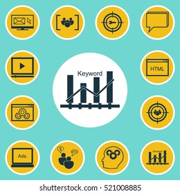 Set Of 12 Marketing Icons. Can Be Used For Web, Mobile, UI And Infographic Design. Includes Elements Such As Keyword, Creativity, Ranking And More.