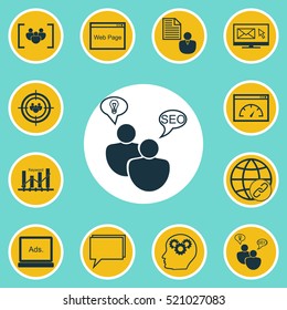 Set Of 12 Marketing Icons. Can Be Used For Web, Mobile, UI And Infographic Design. Includes Elements Such As Target, Ranking, Client And More.