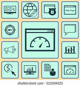 Set Of 12 Marketing Icons. Can Be Used For Web, Mobile, UI And Infographic Design. Includes Elements Such As Marketing, Link, Speed And More.