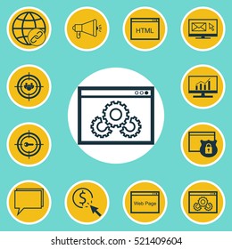 Set Of 12 Marketing Icons. Can Be Used For Web, Mobile, UI And Infographic Design. Includes Elements Such As Email, Target, Link And More.