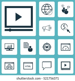 Set Of 12 Marketing Icons. Can Be Used For Web, Mobile, UI And Infographic Design. Includes Elements Such As Bulding, Brief, HTML And More.