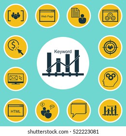 Set Of 12 Marketing Icons. Can Be Used For Web, Mobile, UI And Infographic Design. Includes Elements Such As Consulting, Brain, Businessman And More.