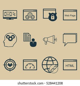 Set Of 12 Marketing Icons. Can Be Used For Web, Mobile, UI And Infographic Design. Includes Elements Such As Newsletter, Media Campaign, Web Page Performance And More.