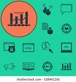 Set Of 12 Marketing Icons. Can Be Used For Web, Mobile, UI And Infographic Design. Includes Elements Such As Focus Group, Newsletter, Report And More.