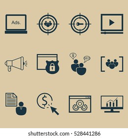 Set Of 12 Marketing Icons. Can Be Used For Web, Mobile, UI And Infographic Design. Includes Elements Such As Digital Media, Search Optimization, Keyword Marketing And More.