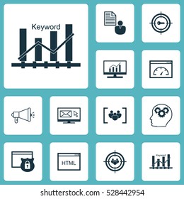 Set Of 12 Marketing Icons. Can Be Used For Web, Mobile, UI And Infographic Design. Includes Elements Such As Focus Group, Security, Coding And More.