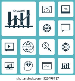 Set Of 12 Marketing Icons. Can Be Used For Web, Mobile, UI And Infographic Design. Includes Elements Such As Intellectual Process, Conference, Digital Media And More.
