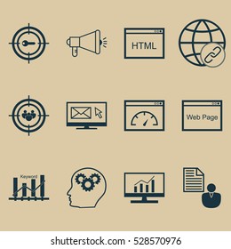 Set Of 12 Marketing Icons. Can Be Used For Web, Mobile, UI And Infographic Design. Includes Elements Such As Newsletter, Website, Connectivity And More.