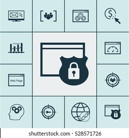 Set Of 12 Marketing Icons. Can Be Used For Web, Mobile, UI And Infographic Design. Includes Elements Such As Loading Speed, Keyword Optimisation, Web Page Performance And More.