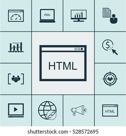 Set Of 12 Marketing Icons. Can Be Used For Web, Mobile, UI And Infographic Design. Includes Elements Such As Digital Media, PPC, Connectivity And More.