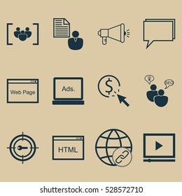 Set Of 12 Marketing Icons. Can Be Used For Web, Mobile, UI And Infographic Design. Includes Elements Such As Conference, Keyword Marketing, Media Campaign And More.