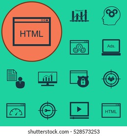 Set Of 12 Marketing Icons. Can Be Used For Web, Mobile, UI And Infographic Design. Includes Elements Such As Coding, Security, Loading Speed And More.