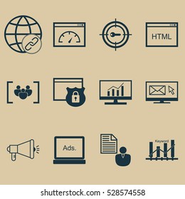 Set Of 12 Marketing Icons. Can Be Used For Web, Mobile, UI And Infographic Design. Includes Elements Such As Market Research, Media Campaign, Connectivity And More.