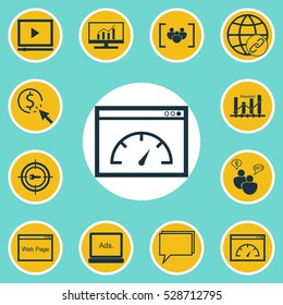 Set Of 12 Marketing Icons. Can Be Used For Web, Mobile, UI And Infographic Design. Includes Elements Such As Search Optimization, Market Research, Website And More.