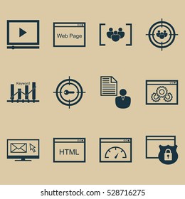 Set Of 12 Marketing Icons. Can Be Used For Web, Mobile, UI And Infographic Design. Includes Elements Such As Coding, Loading Speed, Newsletter And More.