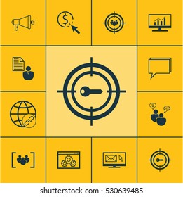 Set Of 12 Marketing Icons. Can Be Used For Web, Mobile, UI And Infographic Design. Includes Elements Such As Newsletter, Web Page Performance, Conference And More.