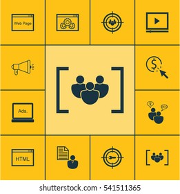 Set Of 12 Marketing Icons. Includes Search Optimization, Website, Coding And Other Symbols. Beautiful Design Elements.