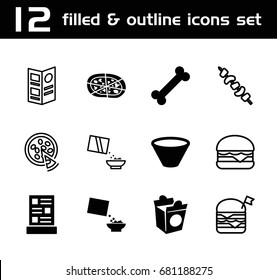 Set of 12 meal filled and outline icons such as pizza, take away food, cereal, menu, bowl, double burger with flag, cheeseburger, kebab