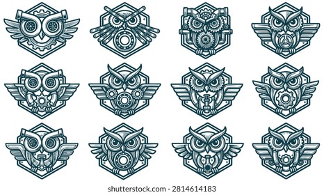 Set of 12 mechanical owl logos featuring integrated automotive parts including turbochargers, gears, pistons, and bearings within hexagonal frames, black and white line art icons.